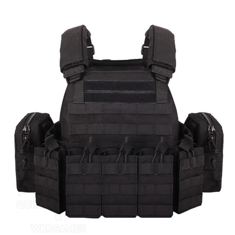 Chaleco Tactico tipo DCS Plate Carrier y pack de pouches abiertos para 5.56  - Negro - Quimera Airsoft