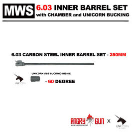 Set Cañon de Precision de Acero 6.03 250mm GBB con Cámara y Goma Hop-Up Unicorn 60º - Angry Gun